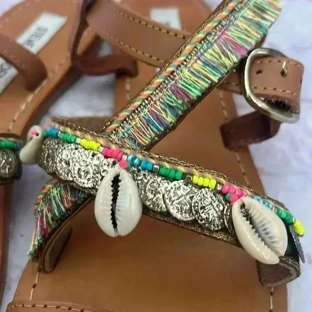 Steve Madden Rowan Neon Rainbow Leather Sandals with Puka Shells - Picture 2 of 5